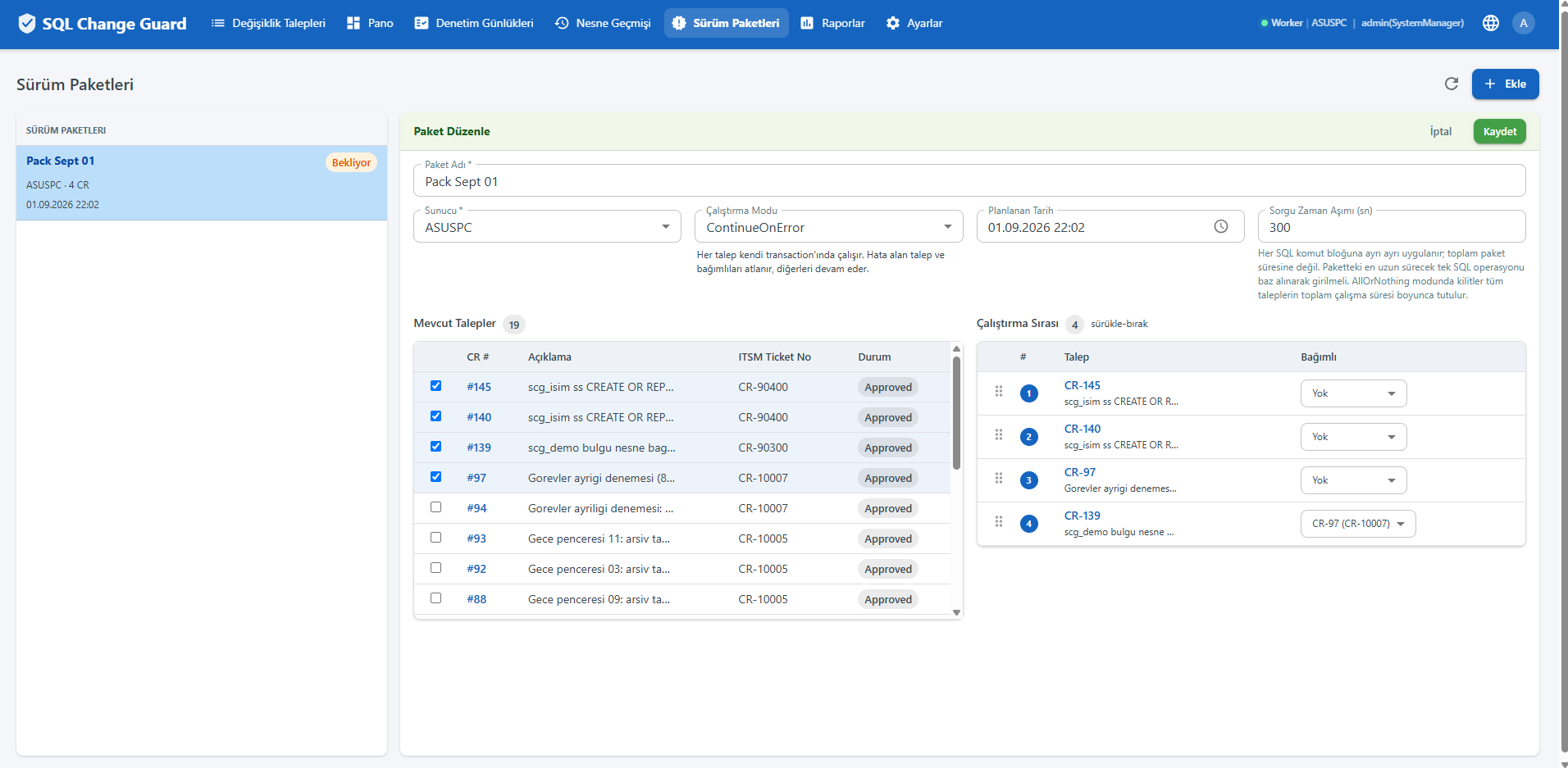 Release packages screen with the approved requests in the package, the execution order and the dependencies