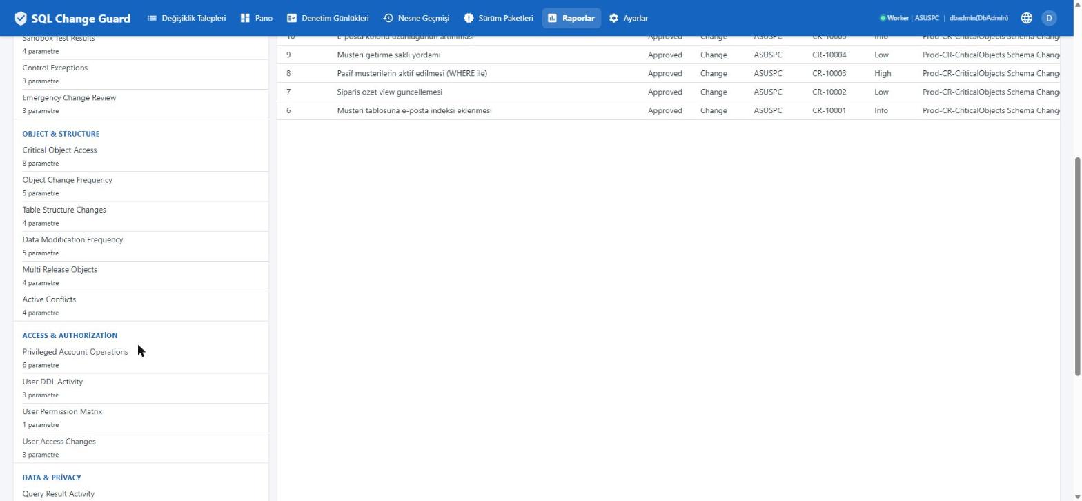 Reports screen with the grouped report list and the parameters