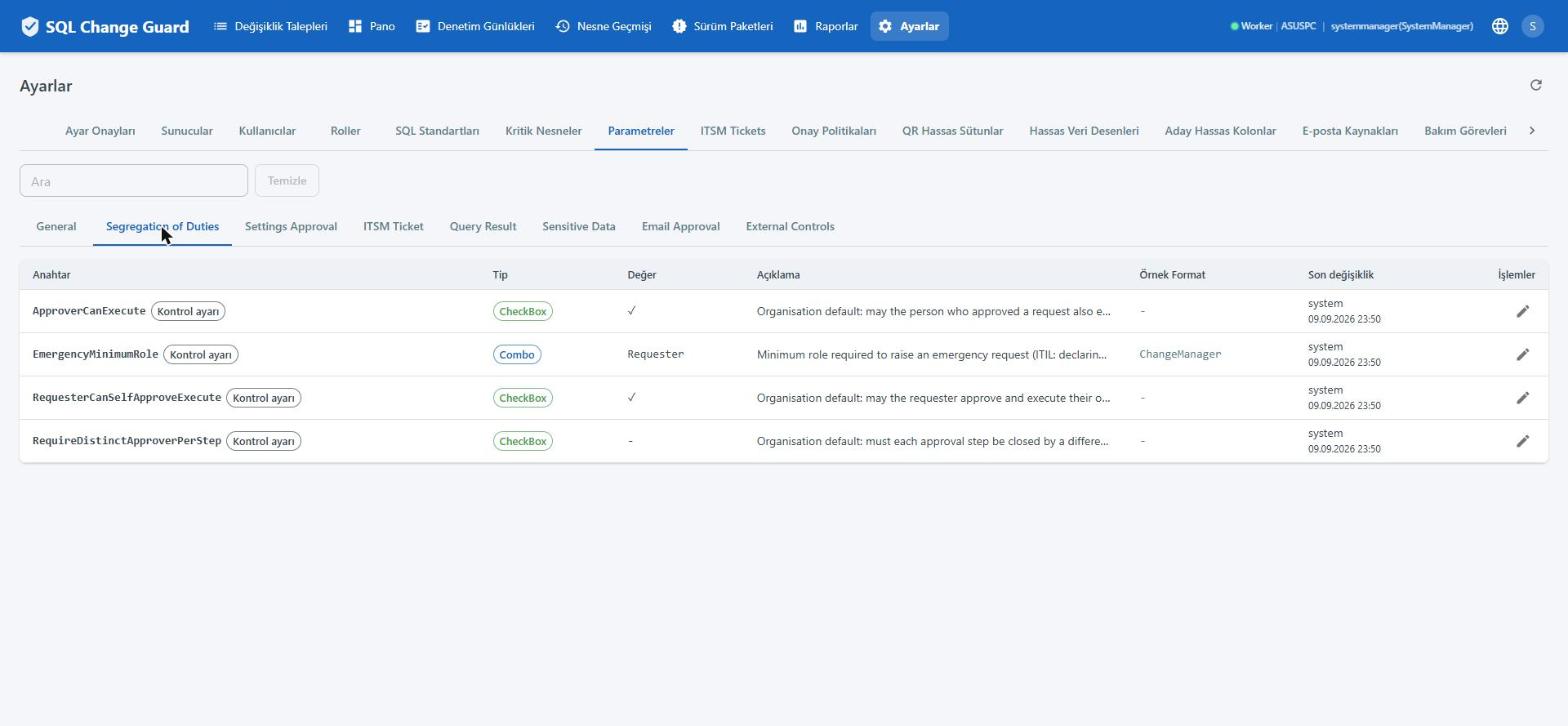 Parameters screen, segregation of duties tab: whether the approver may execute and whether the requester may approve their own request