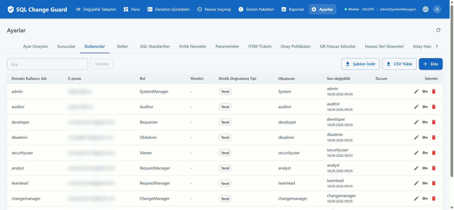 Users screen with role assignment, local or corporate directory authentication and bulk user import from CSV