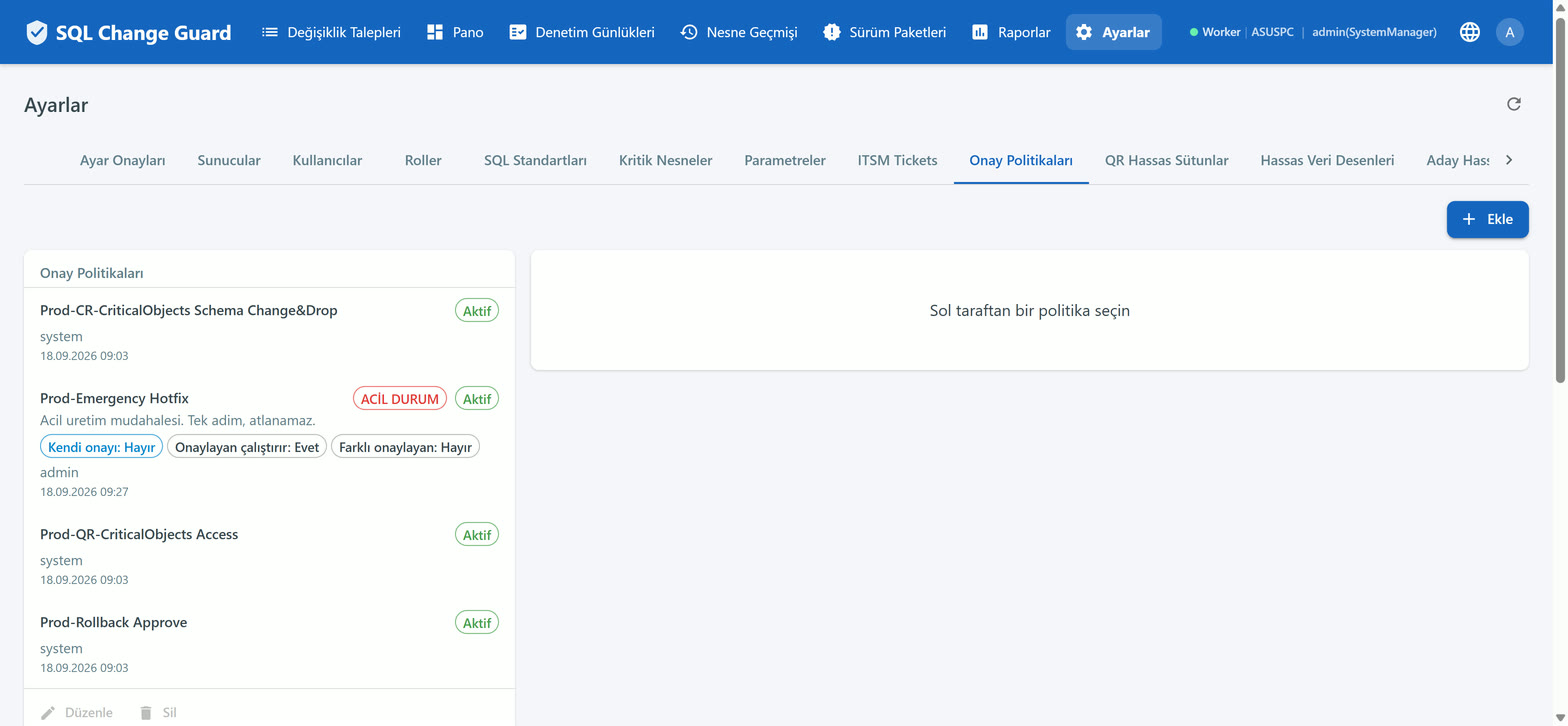 Approval policies screen with the steps, the approver roles and the trigger conditions