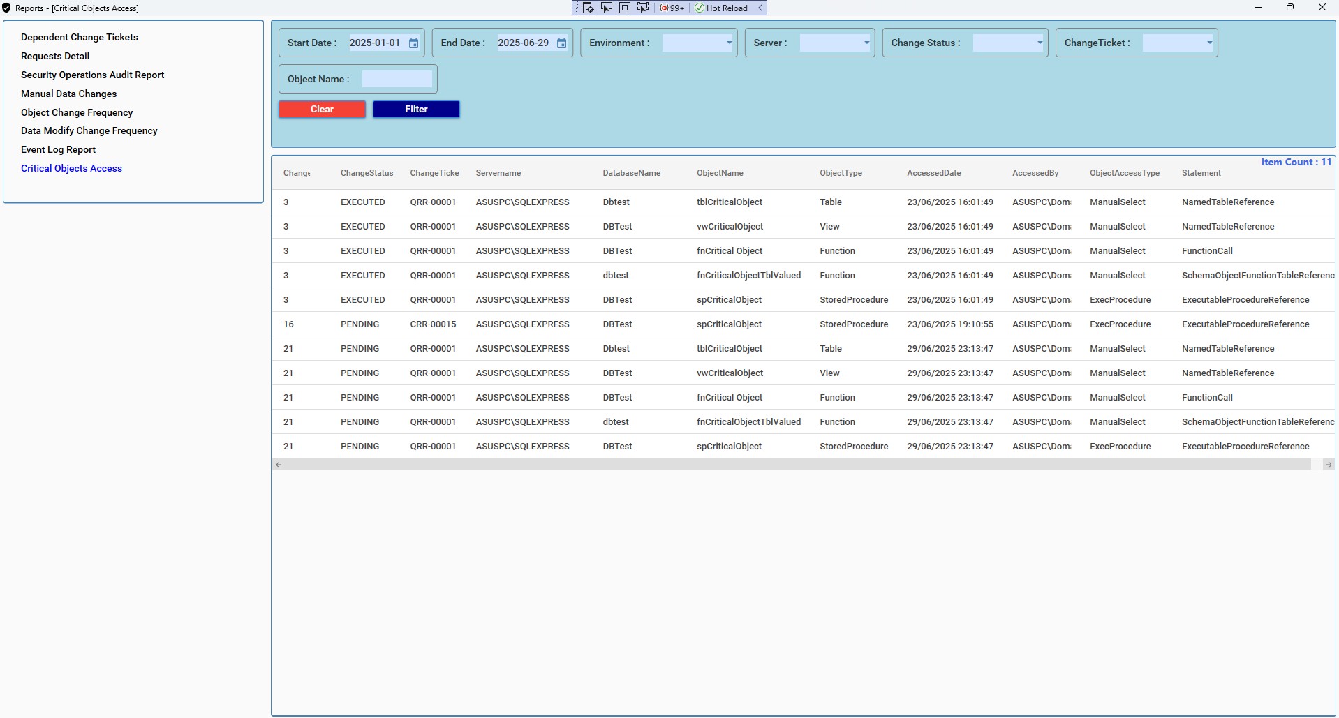 Kritik nesne erişim raporu - hassas tabloları ve stored procedure erişimleri